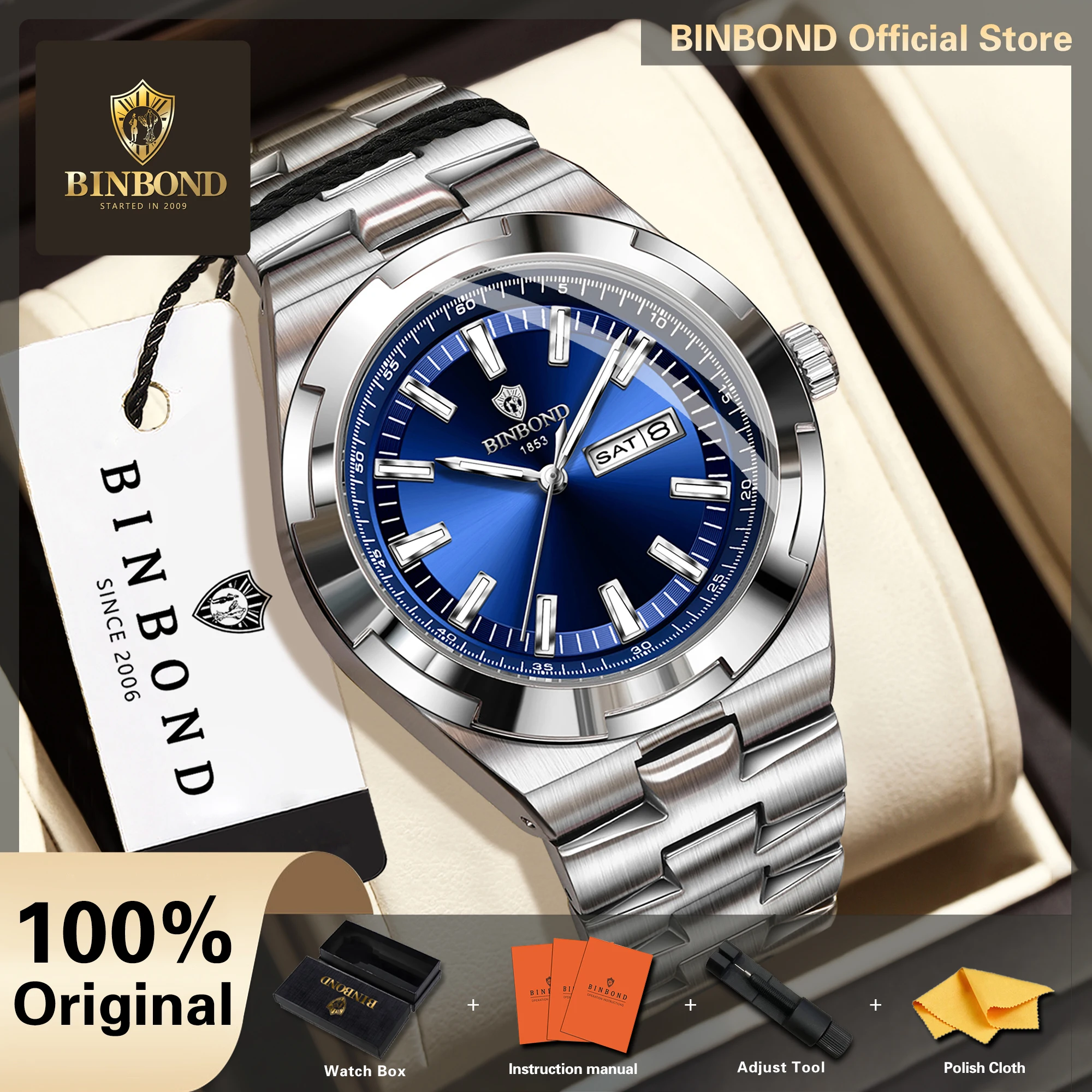 BINBOND Waterproof Quartz Watch For Men Auto Date Week Display Luminous Men's Watches Orginal Luxury Reloj Montres Hommes +Box