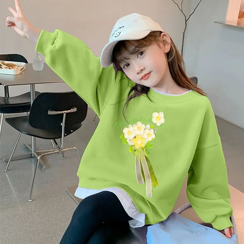 Girls' 2025 Autumn New Arrival Stylish Middle To Big Kids Crewneck Sweatshirt Popular Fall Base Layer Top