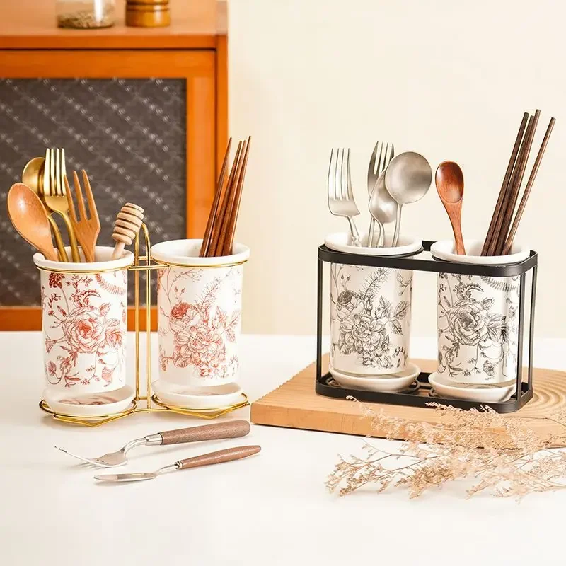 Mold Resistant Ceramic Chopstick Holder Cutlery Organizer Drainable Kitchen Storage Rack Light Luxury High Appearance Home Use