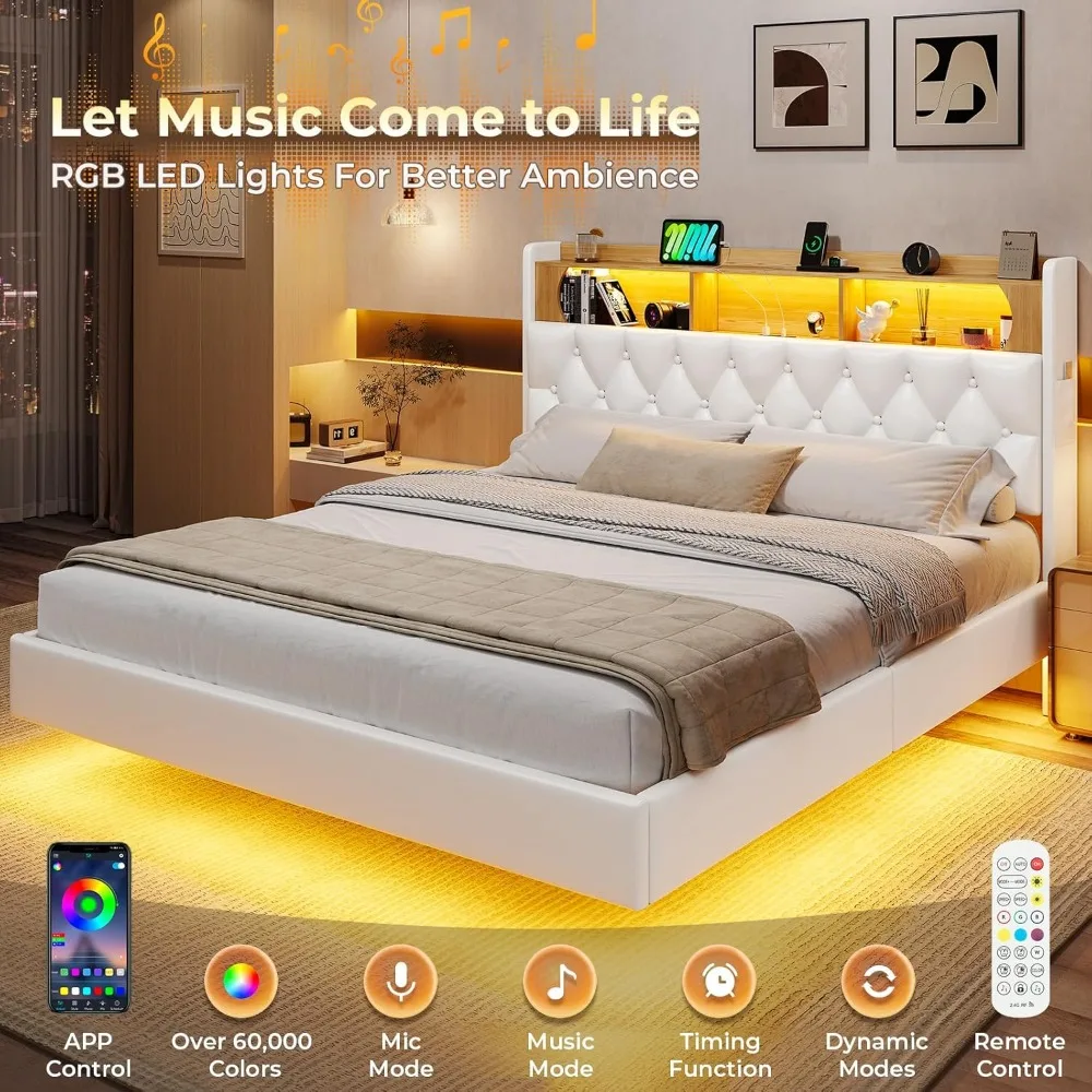 Full Bed Frame with LED Lights & Storage Headboard, Floating Platform Bed with Charging Station, Modern LED Floating Bed