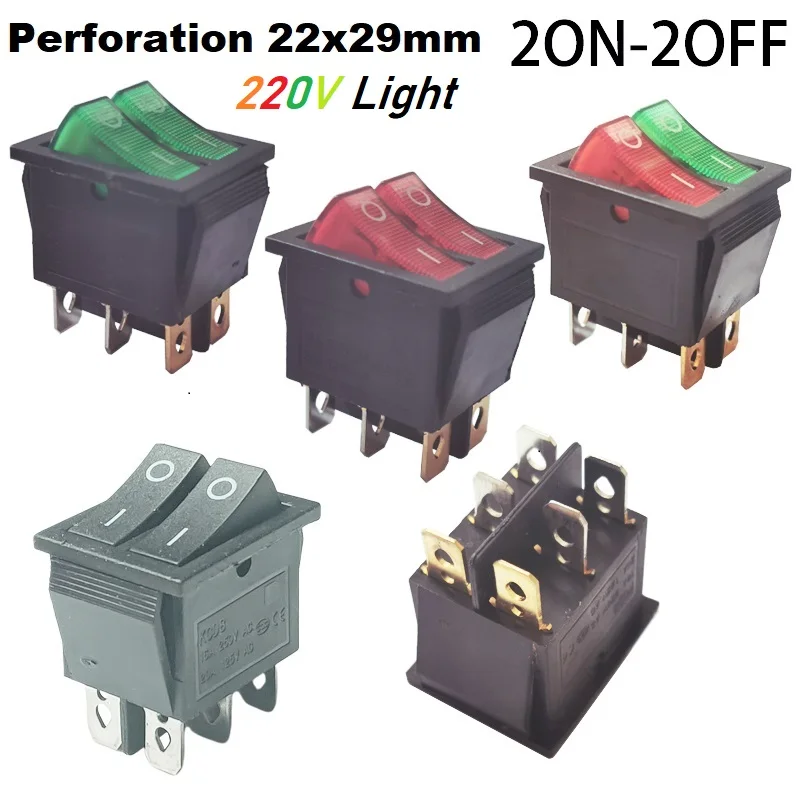 

Двойной переключатель с подсветкой 220 В, кулисный переключатель макс. 16 А, 6 контактов, переключатель для качелей с индикацией панели, 2 ВКЛ, 2 ВЫКЛ, зеленый, красный, черный