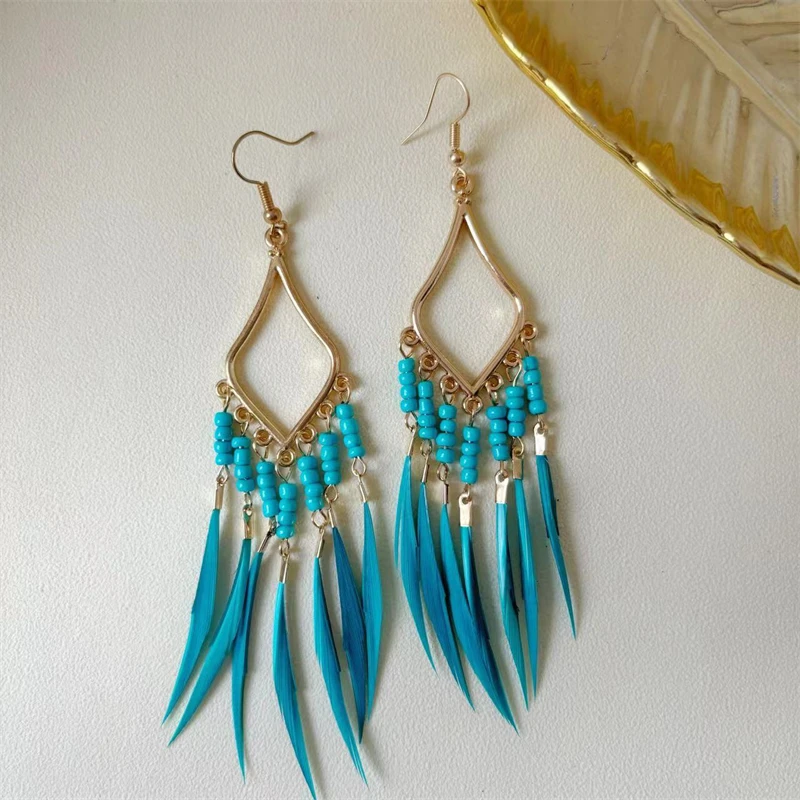 Summer Hot Colorful Beads Feather Long Pendant Earrings for Women Bohemian Style Fashion Tassel Earrings Jewelry Accessories - Image 5