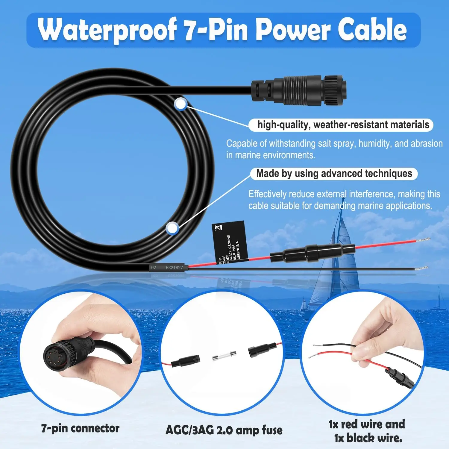 ANX 010-10553-00 Stromkabel, 7-poliges Netzkabel, passend für Garmin GMS 10 Network Port Expander, wasserdicht/stabile Stromversorgung – Detail 4