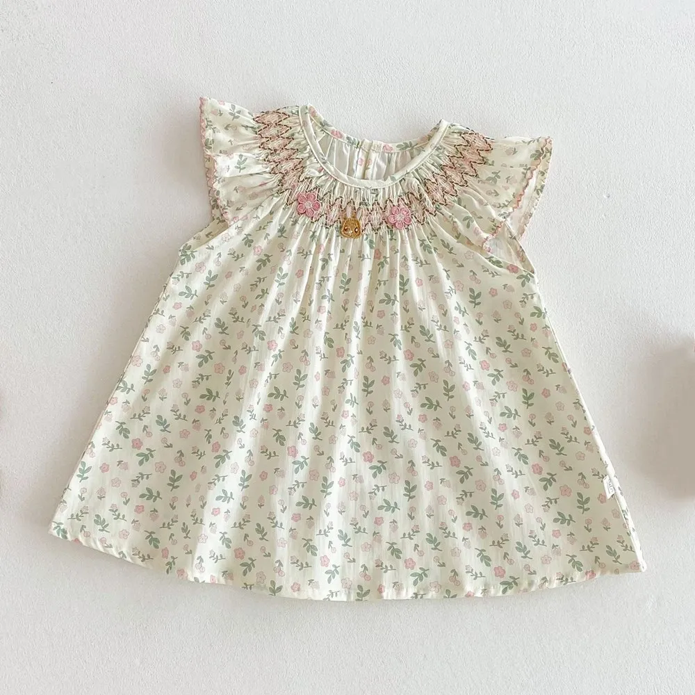 

0-5T summer dress baby girls clothes Sweet hand embroidered cartoon patterned dress Floral print dress