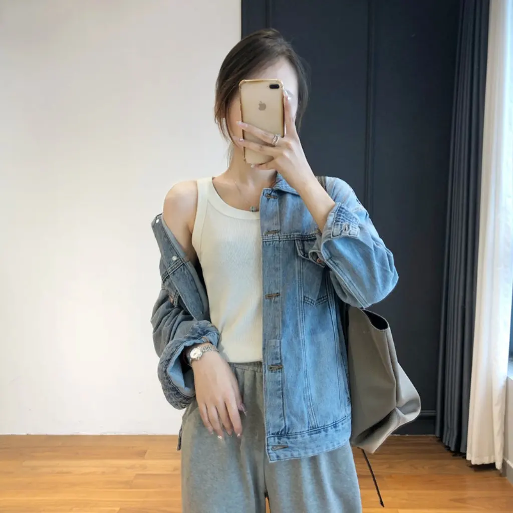 

Women's Retro Blue Denim Jacket Slimming Versatile Style Soft Yarn Material Crying Lazy Design for Autumn Winter