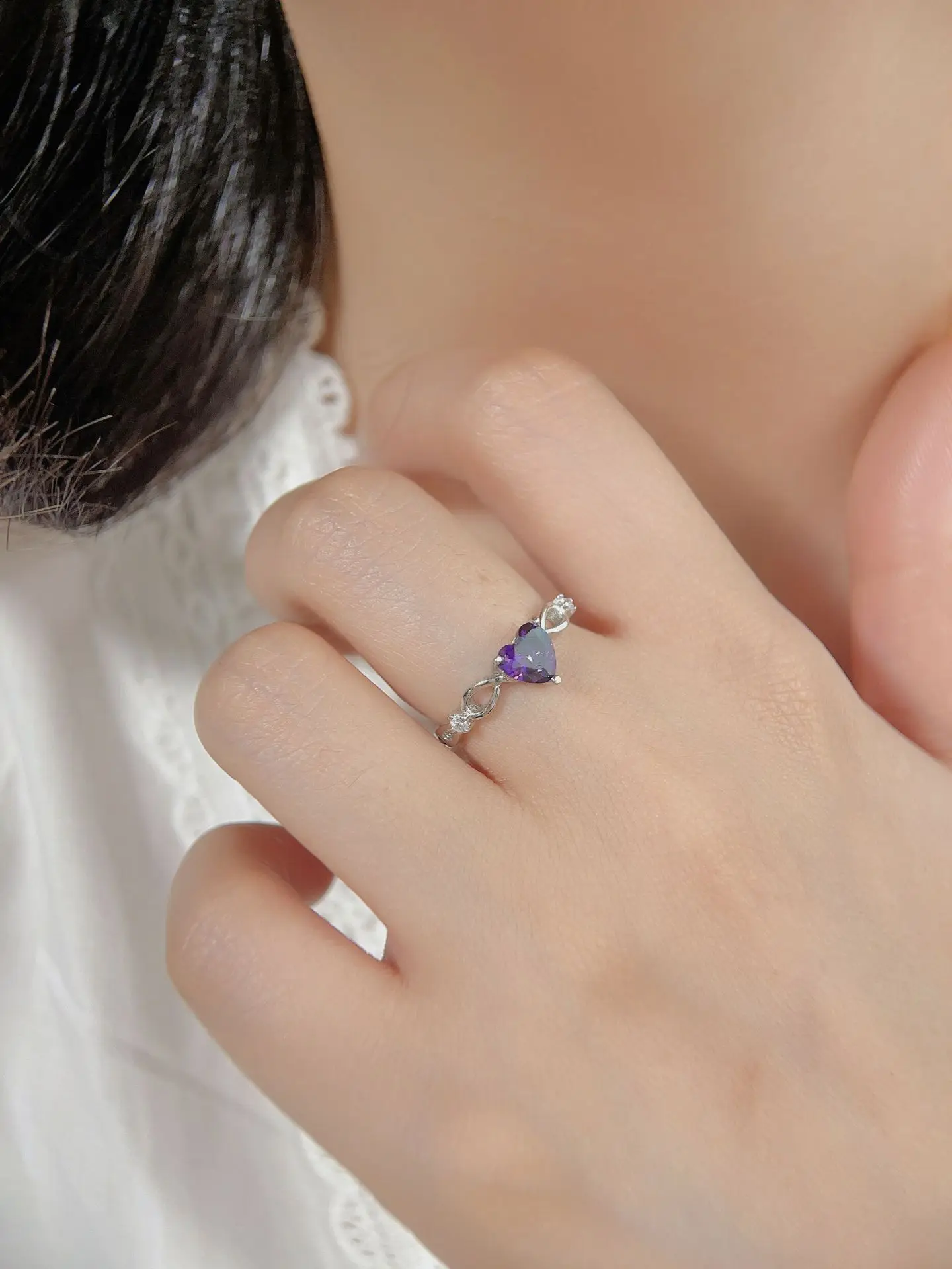 European and American New 100% S925 Sterling Silver Natural Amethyst Purple Heart Ring Fashion Simple Women\'s Gem Ring