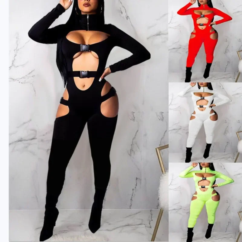 

Autumn Womens Rompers High Neck Strap Hollow Schoolbag Buckle Long Sleeve Pants Sexy Jumpsuit for Women