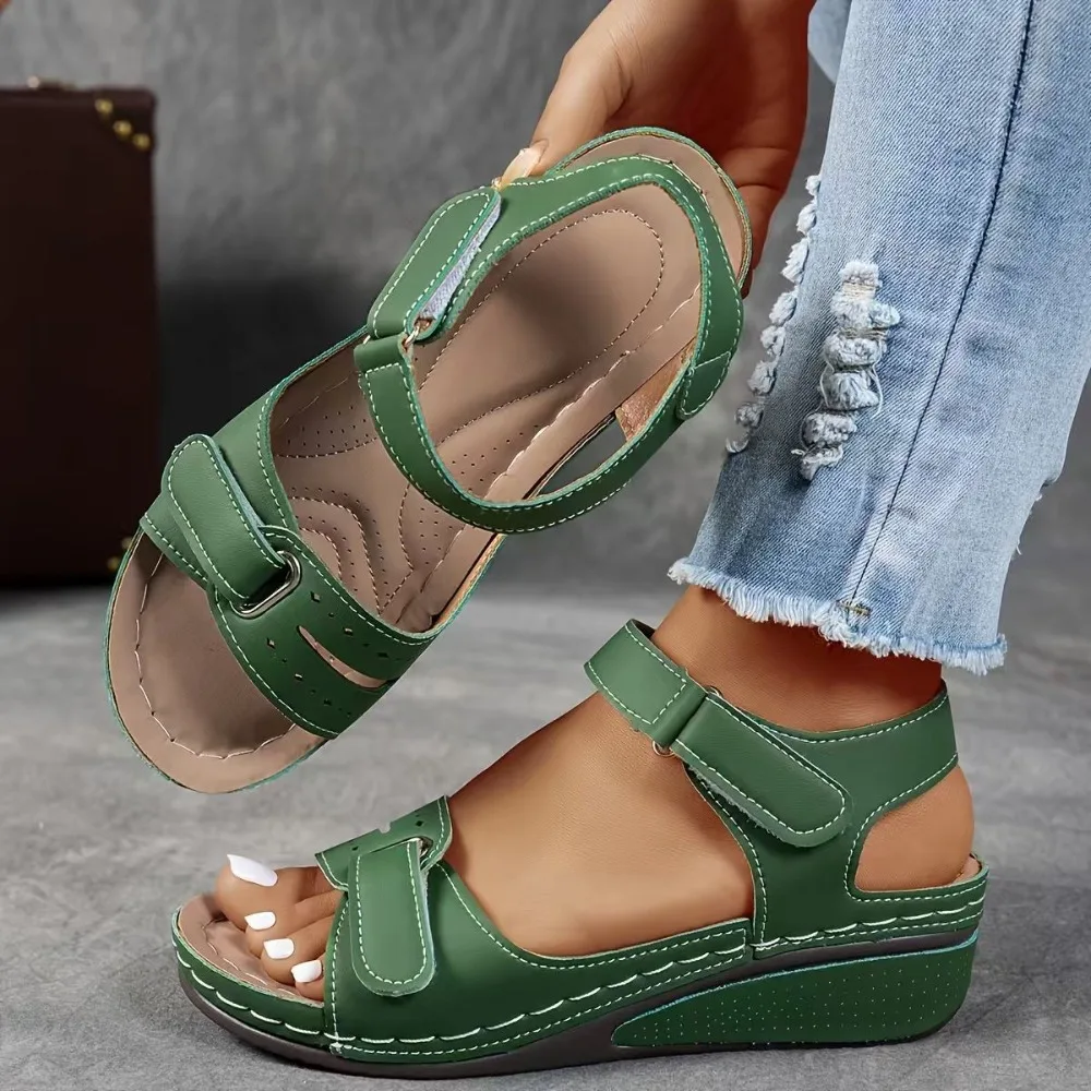 Women Orthopedic Wedge Sandals Open Toe Adjustable Hook Loop Ankle Strap Hollow Cutout Platform Sandals Comfort Non Slip Thick