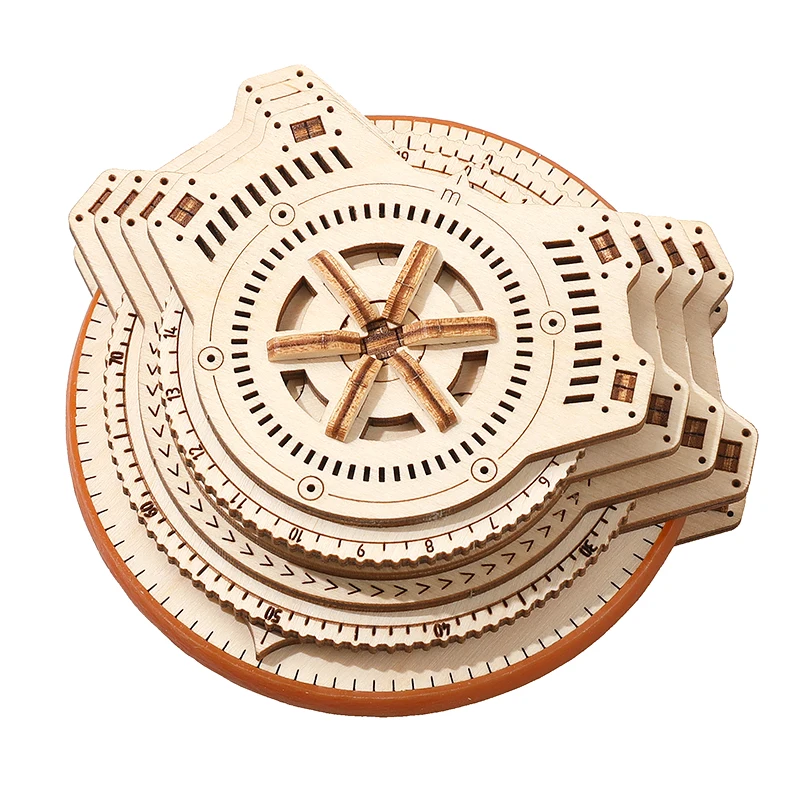 The assembled model of the wheeled mechanical measuring instrument is made of wood and is a handcrafted three-dimensional work.