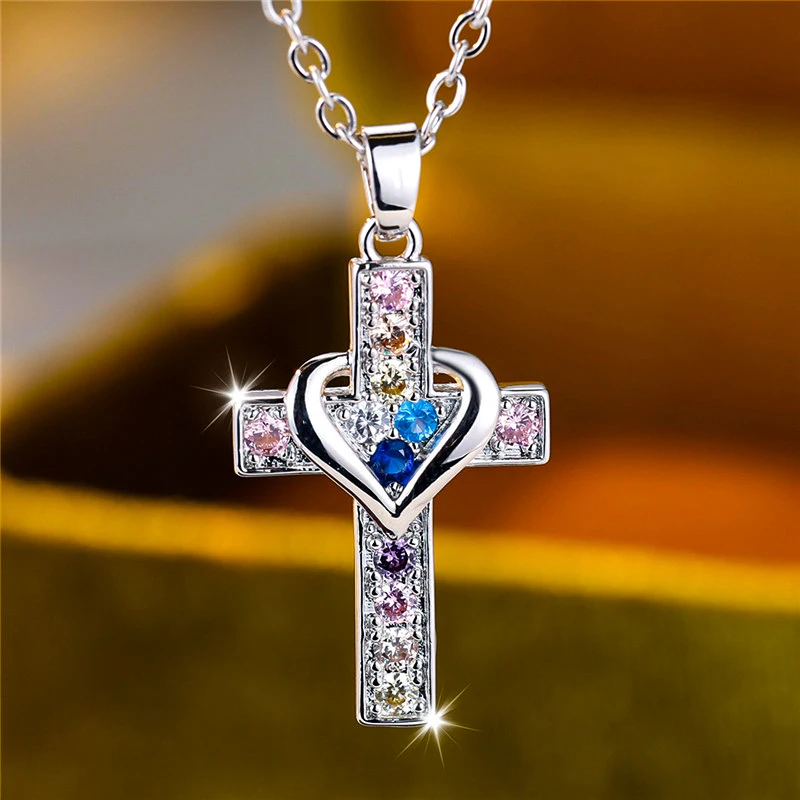 Charm Female Rainbow Heart Cross Pendant Necklace Vintage Silver Color Wedding Jewelry Gift For Women