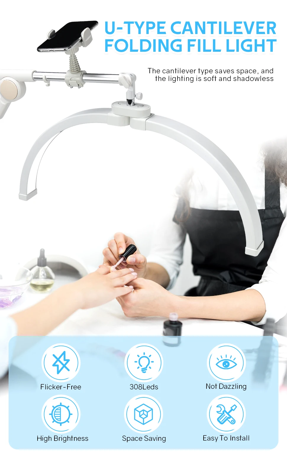 Half Moon Rotating Cantilever U Shaped  Manicure Beauty Tattoo Embroidery Eyelashes Bright Adjustable  Fill Table Light for Nail