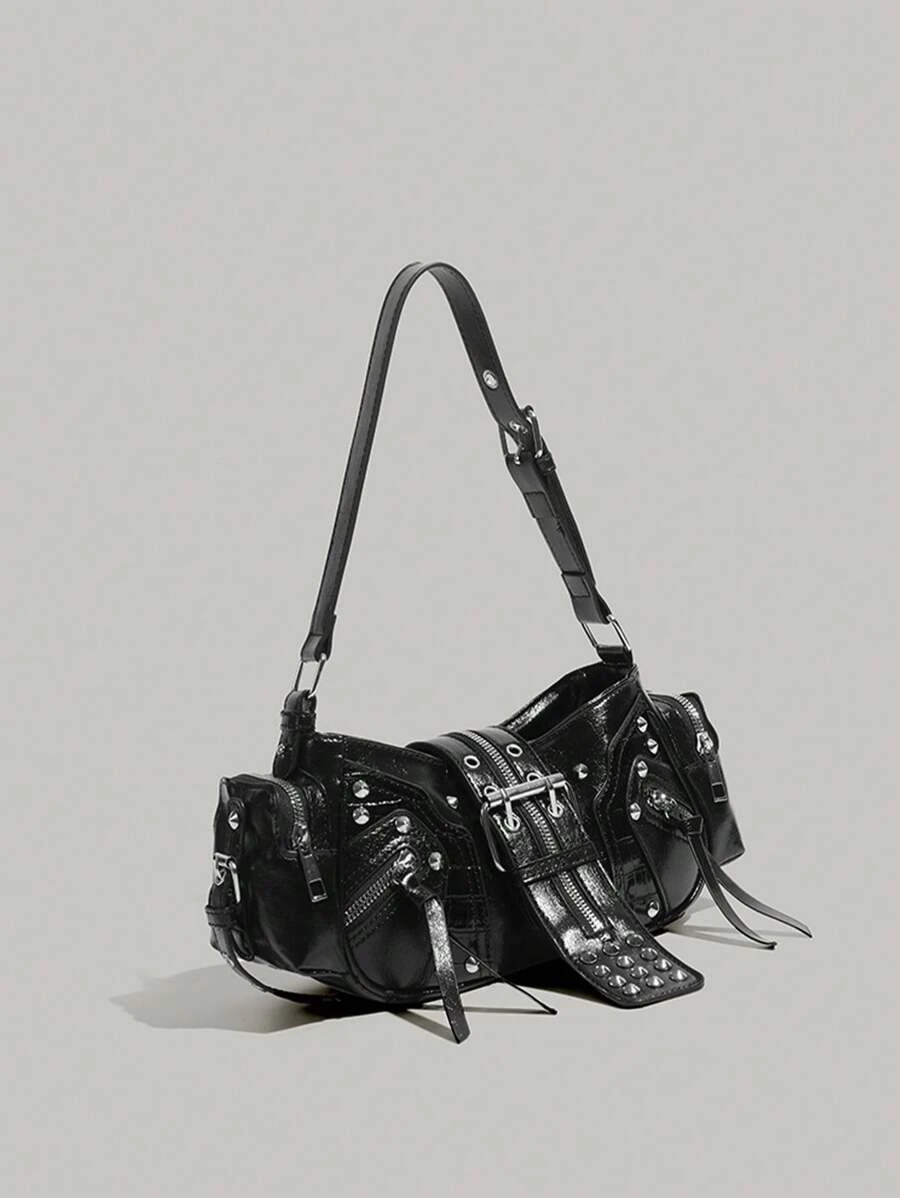 Motorcycle Bag Y2K Large Capacity Multifunctional Rivet Shoulder Crossbody Underarm Bag, Deep Black PU Leather Handbag SKU: SG25021281714057390