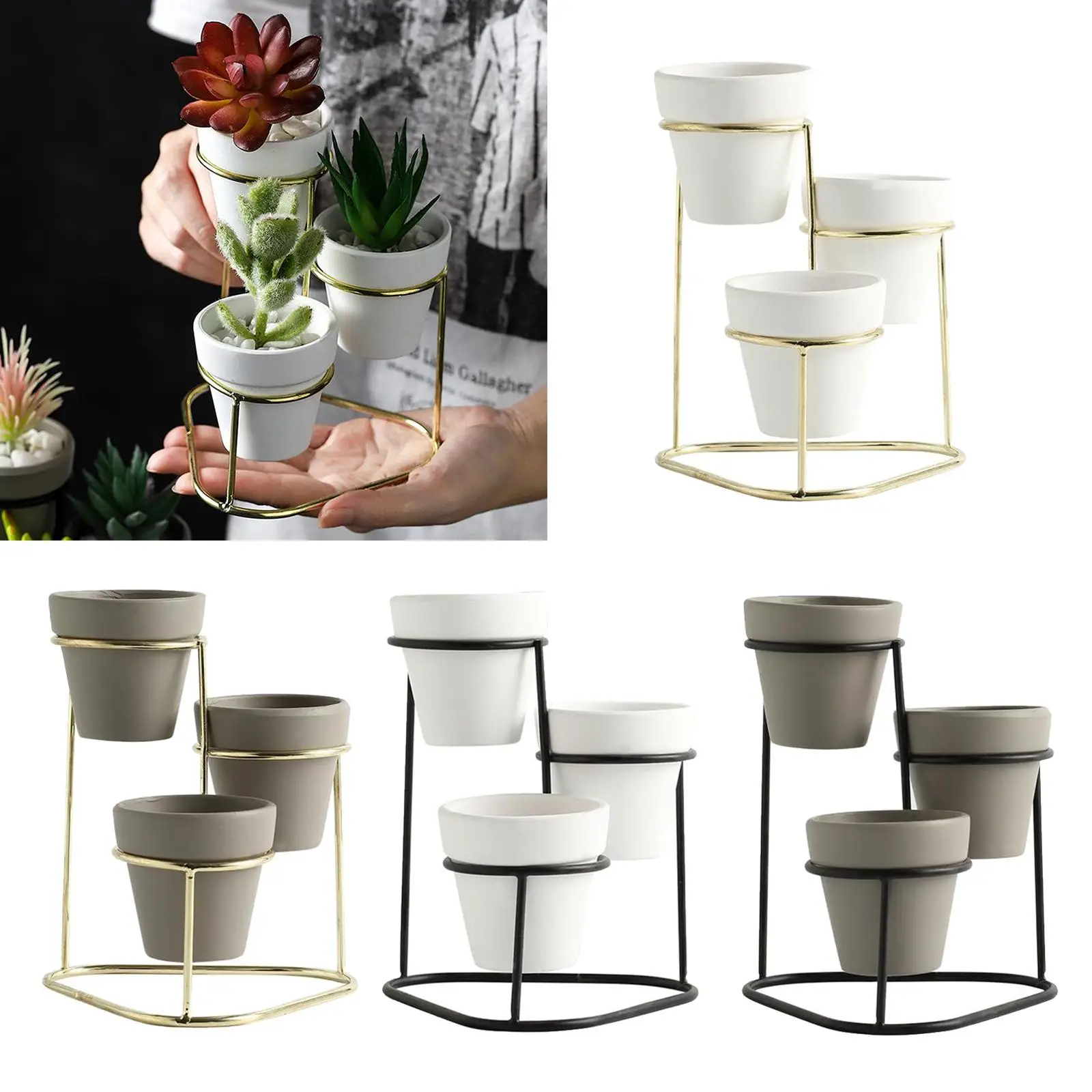 3Pcs Mini Ceramic Succulent Plant Pot Flower Pot Planter Metal Stand Set Display