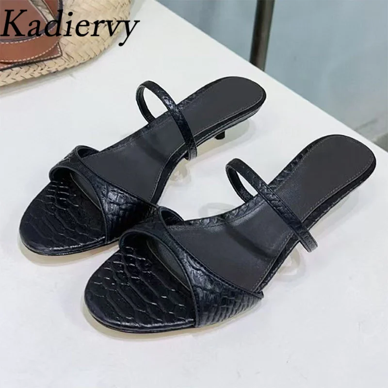 

Sexy Kitten Heels Slippers Woman Genuine Leather Slides Summer Mules Shoes Woman Peep Toe Low Heels Slippers Women