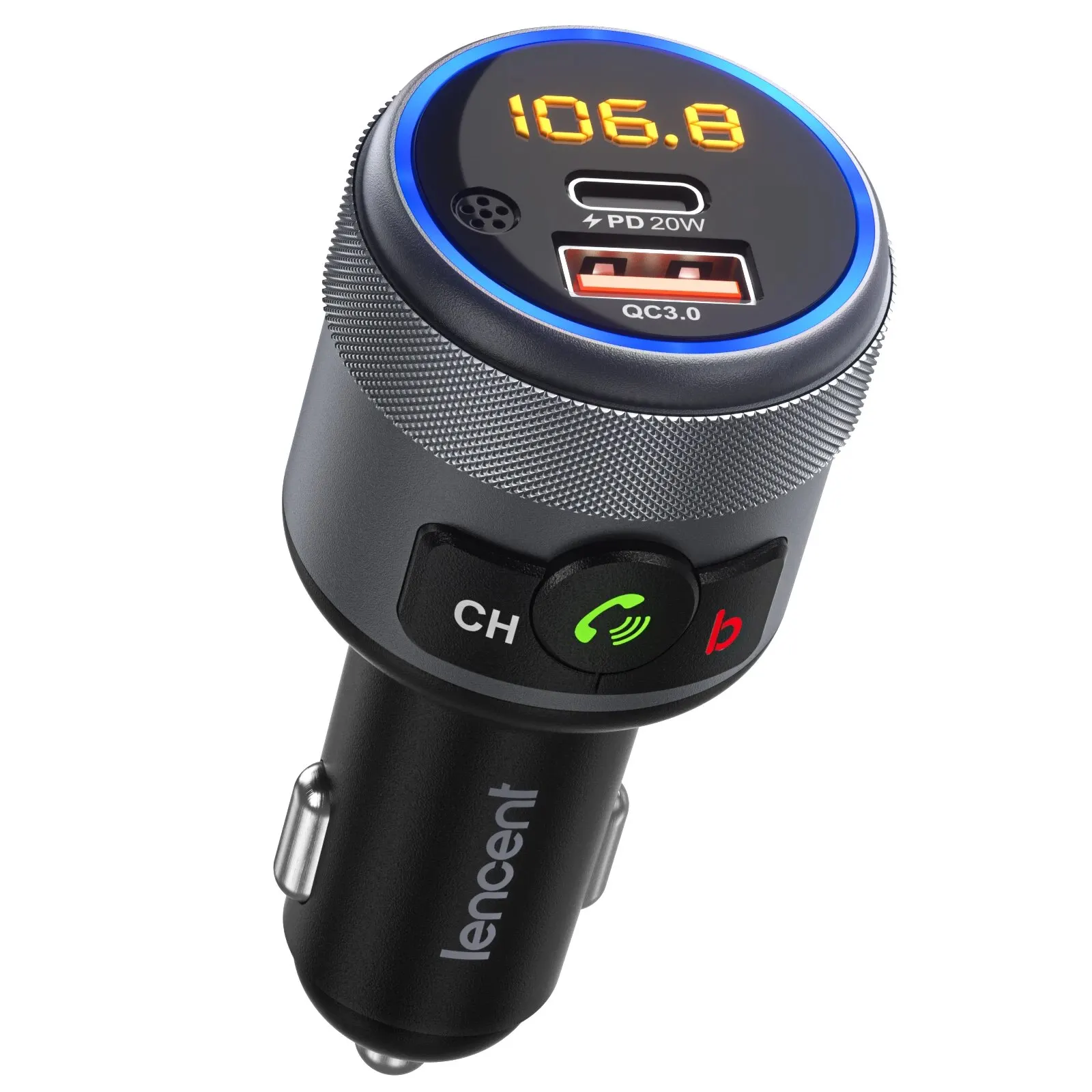 LENCENT FM-zender Auto Bluetooth 5.1 Modulator Met Type C PD 20W en QC3.0 18W Auto Snellader MP3-speler Radio Carkit