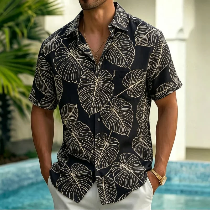 2026 Men's Line Drawing Style Tropical Printed Short Sleeved Pocket Shirt, Fresh and Simple Style, for Vacation and Daily Wear