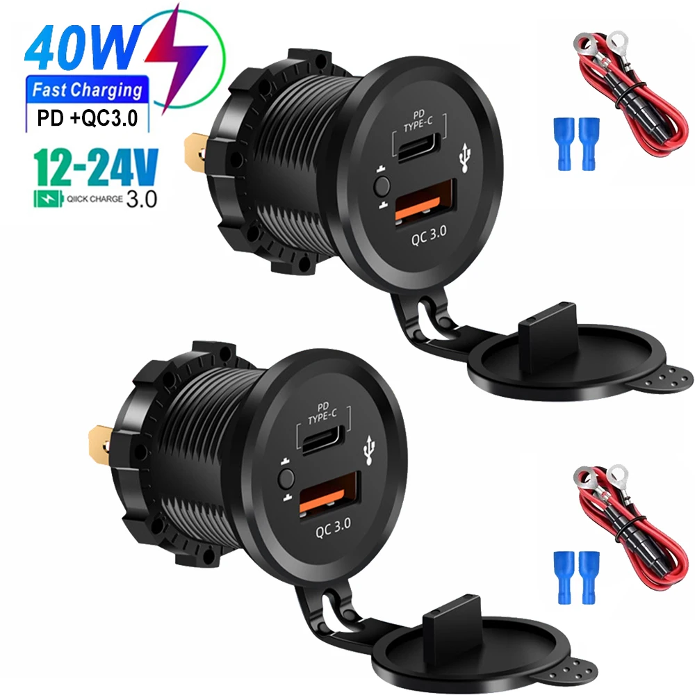 Dual USB Fast Car Charger 12V/24V Waterproof with Switch Auto Car Quickly Charge Adapter Power Outlet for Motorcycle Boats Truck