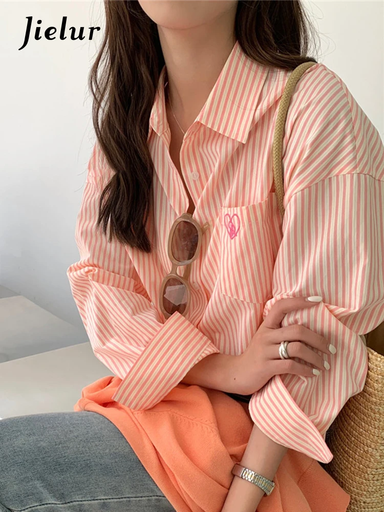 Jielur Pink Striped Embroidery Women Shirt Spring New Drop Sleeves Single Breasted Fashion Female Shirts Chic Casual Office Lady