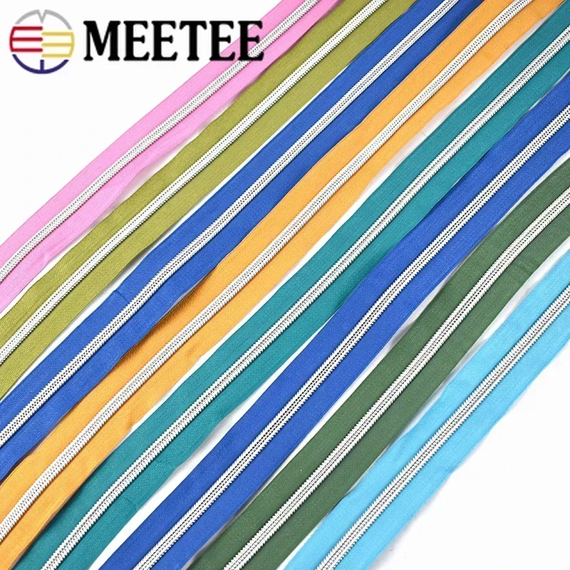 Meetee 2-10Meters 5# Nylon Zippers Silver Teeth Long Chain Zip Tape with Slider for Sewing Bags DIY Clothes Repair Accessories