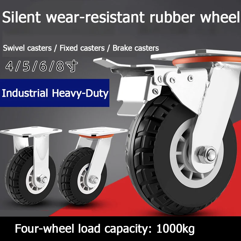 1pcs  Heavy-duty rubber silent casters 4/5/6/8 inch swivel casters load-bearing trolley pull cart trailer