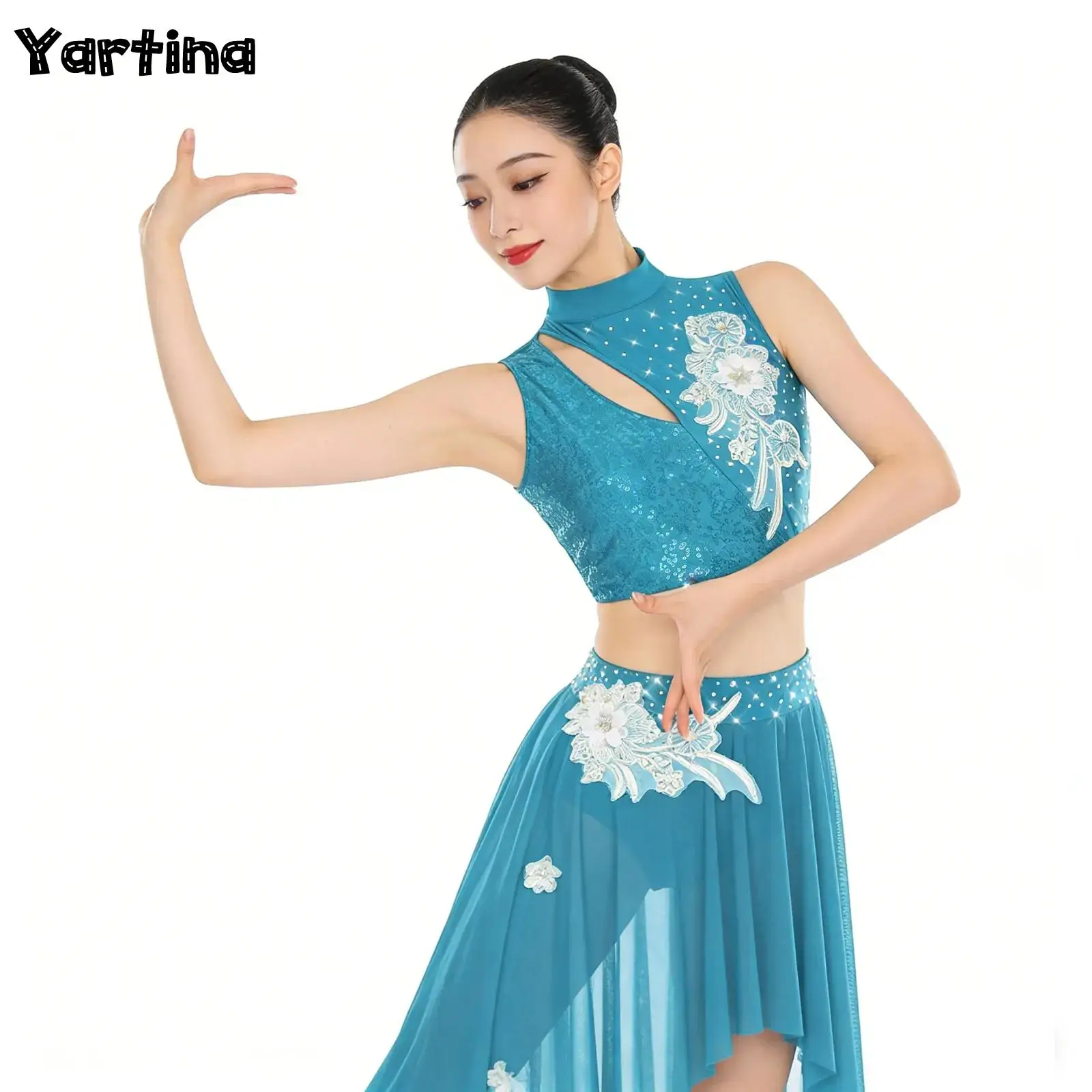 

Womens Gymnastics Artistic Figure Skating Performance Costume Ballet Lyrical Dance Outfits Hollow Out Crop Top Skirt with Briefs