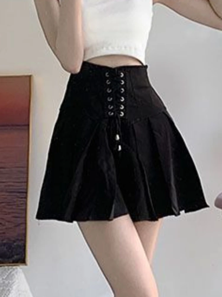 Skirts Women Mini Sweet Design Bandage Simple All-match High Waist Leisure Daily Summer A-line Students Fashion Folds Ulzzang