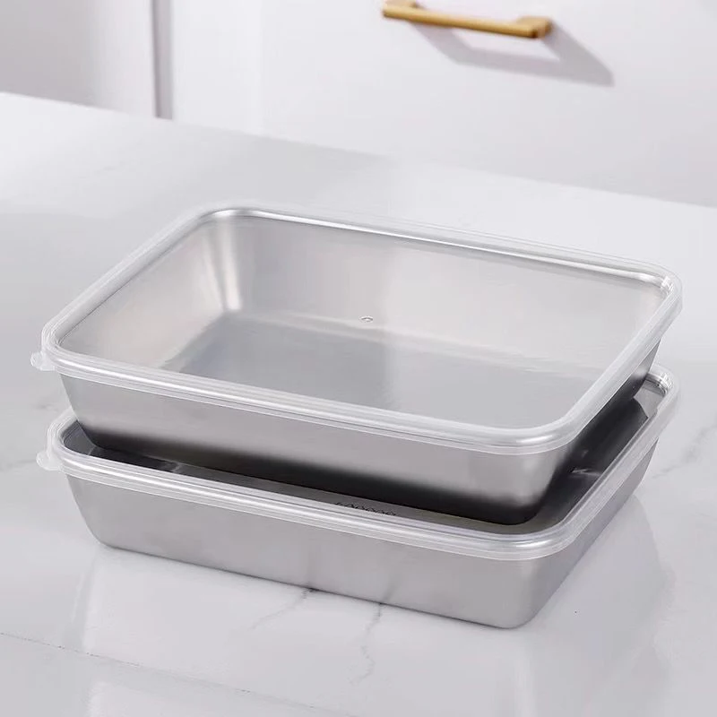 1Pc Stainless Steel Square Plate Preservation Box with Lid Kitchen Steam Fish BBQ Grill Pan Cold Dish Fruit Plate Serving Tray