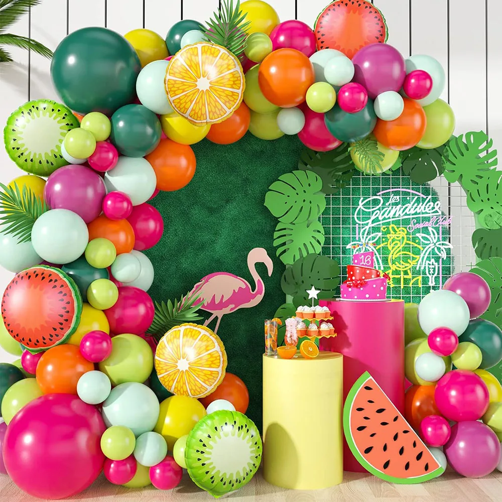 Juego de arco de guirnalda de globos de frutas, 96 globos rosados, amarillos y verdes y melancia mixta, película de poliéster Kiwi, globos de papel de aluminio para decoración de fiesta de frutas Twotti, suministros de verano para fiesta de segundo cumple