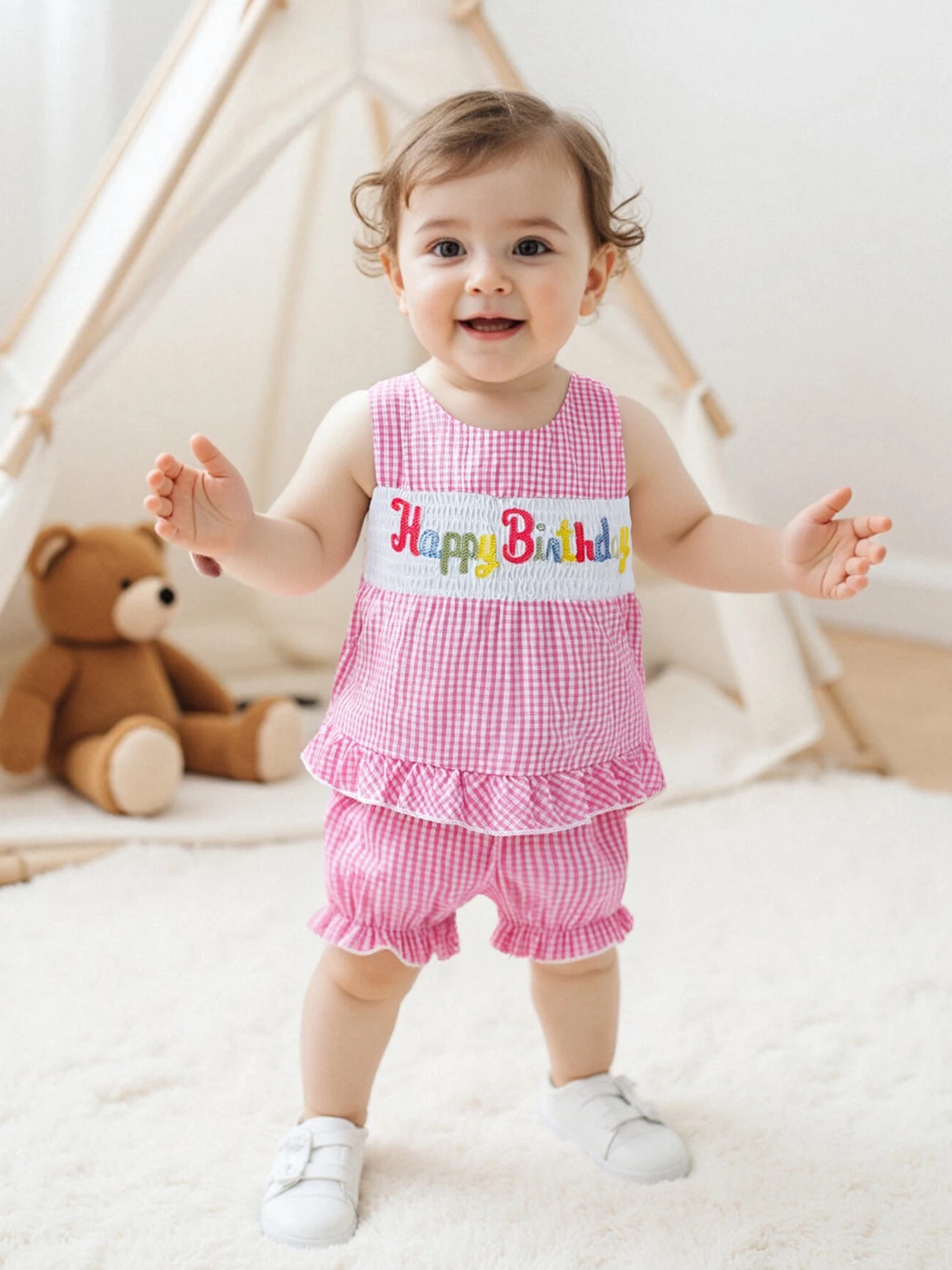 

Toddler Clothes Baby Girl Birthday Outfit Letter Embroidery Ruffled Tank Tops Bloomer Shorts 2Pcs Sets