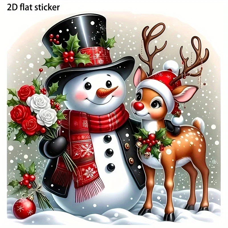 New 2D Flat Christmas Snowman Reindeer Car Stickers Waterproof for Auto Windows Motorcycle Refrigerators Universal Vinyl Decals