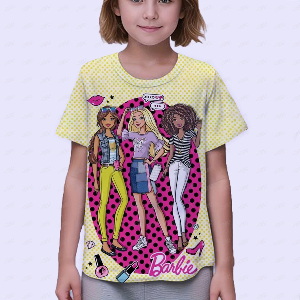 T-shirt à manches courtes avec motif de dessin animé Barbie pour fille et garçon, vêtement de princesse pour l'été, taille 100-160, Y2K