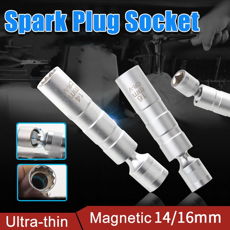 Magnetic Spark Plug Socket Wrench 14mm/16mm Extra-Long Spark Plug Removal Tool Universal Rotatable Thin-Wall 3/8-inch