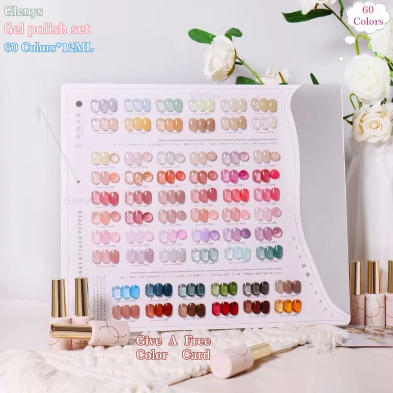 

Glenys 60 color star card sweet tea nail polish tape color card new popular semi permanent immersion gel nail art varnish set