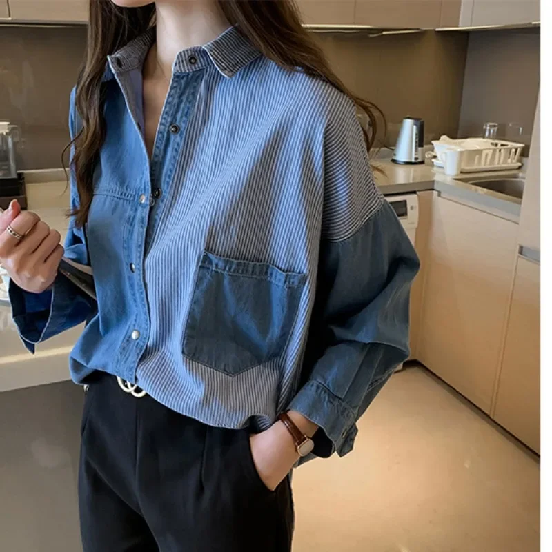 

GELITAYIN Fashion Vintage Camisa Jeans Shirt Women Cotton Long Sleeve Women's Denim Blouse Loose Casual Loose Office Lady Tops C