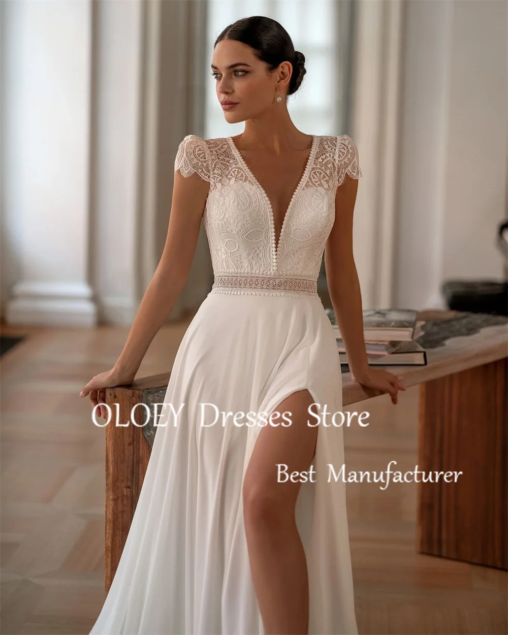 OLOEY Boho Ivory Wedding Dress Deep V Neck Bridal Gown Floor Length Side Slit Button Customized Backless Lace Chiffon Beach Gown