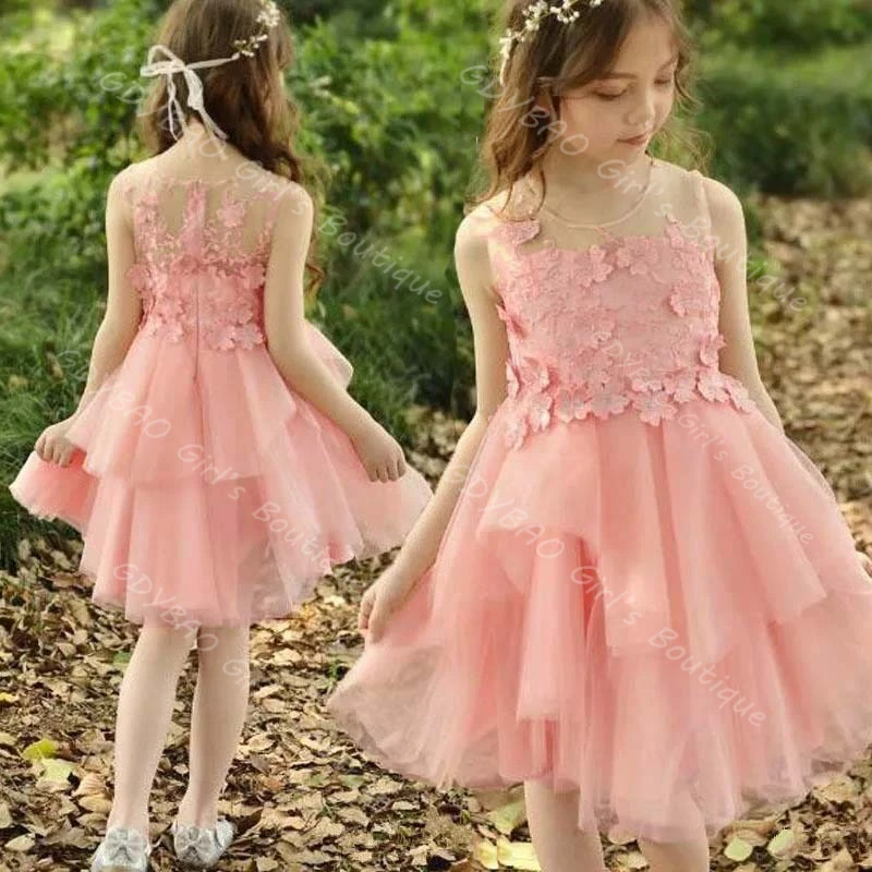Vestido de renda com apliques para meninas, vestido para casamento, crianças, gola redonda, comprimento do joelho, tule em camadas, princesa, aniversário, vestidos personalizados