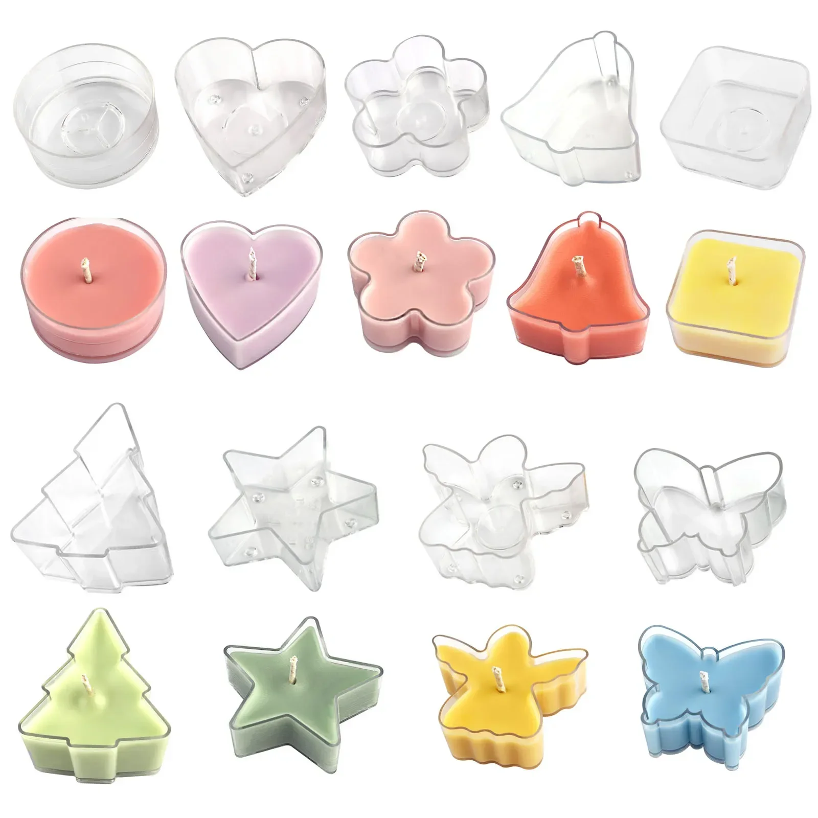 5pcs Multi Shape Empty Plastic Cups Candle Wax Tins Cases Candle Containers Heart Tree Flower Holder Molds DIY Candle Making