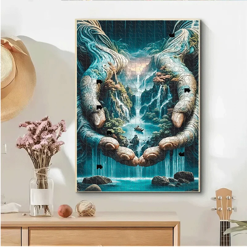 Handen, landschap en waterval met bootpuzzel - 500 stuks/1000 stuks volwassen puzzel voor interactieve familiespellen en kamergenootverlijming