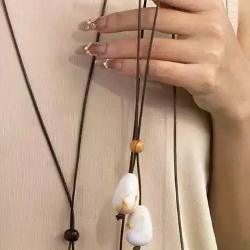 Elegant Long Oval Pendant Necklace New Chinese Style Forest System Simple Vintage Zen Fashion Design Jewelry Accessory