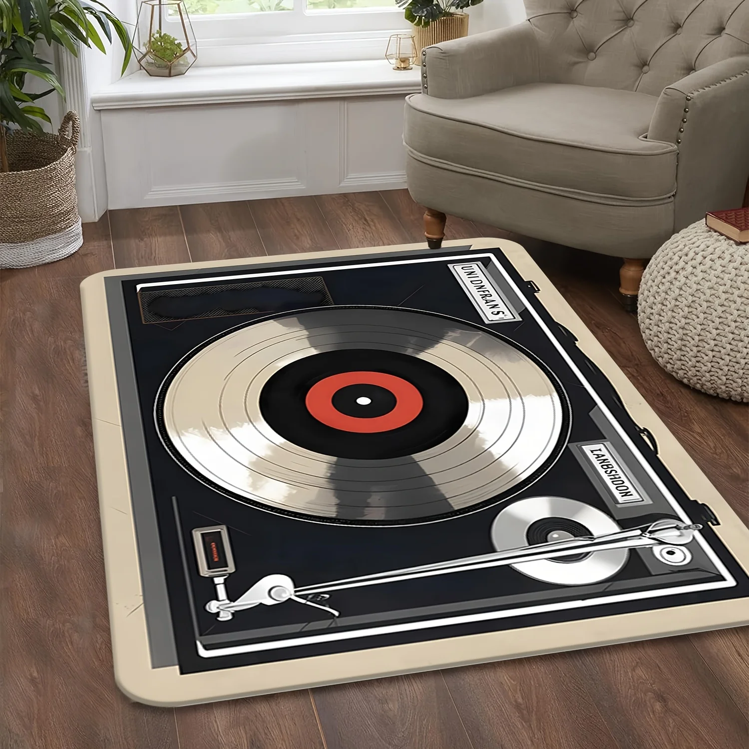 Retro Record Player Print Flannel Area Rug Music Theme Soft Comfortable Floor Mat For Living Room Bedroom Study