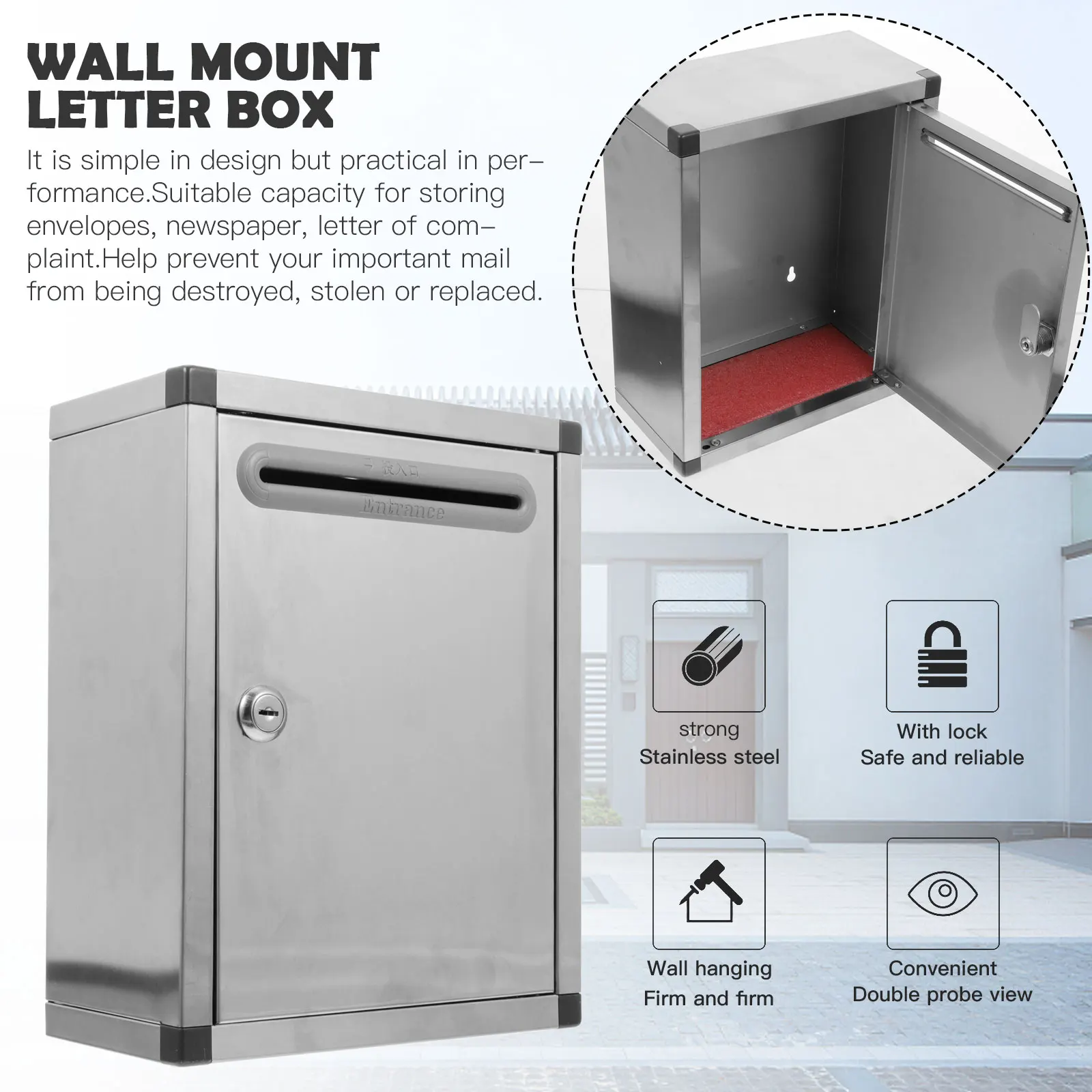 

Lockable Mail Box Stainless Steel Letter Box Letter Storage Container Hanging Complaint Suggestion Box
