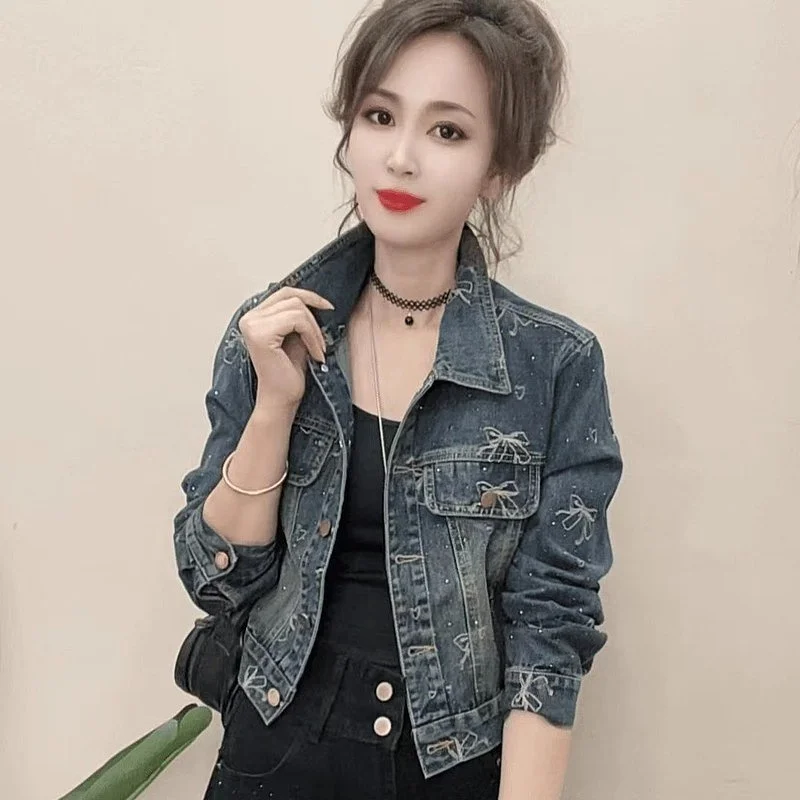 

Spring Autumn Retro Hong Kong Sle Women's Denim Jaet High Waist ort Svel Collar Coat Long Sve Top Fem