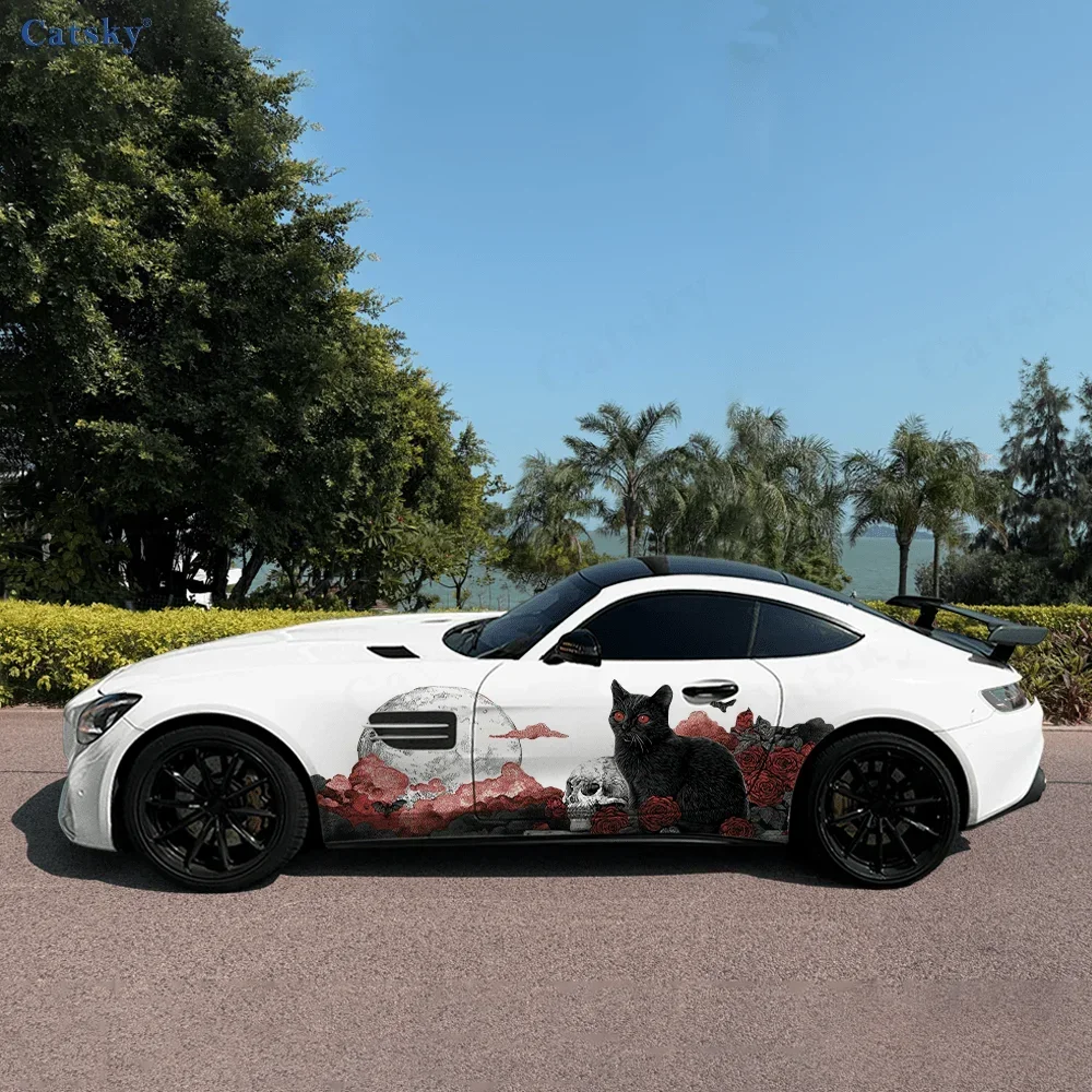 Cat Skull Full Moon Car Side Sticker PVC Self Waterproof Stick, Striking Auto Exterior Accessories Decor Protect Gift for Lover