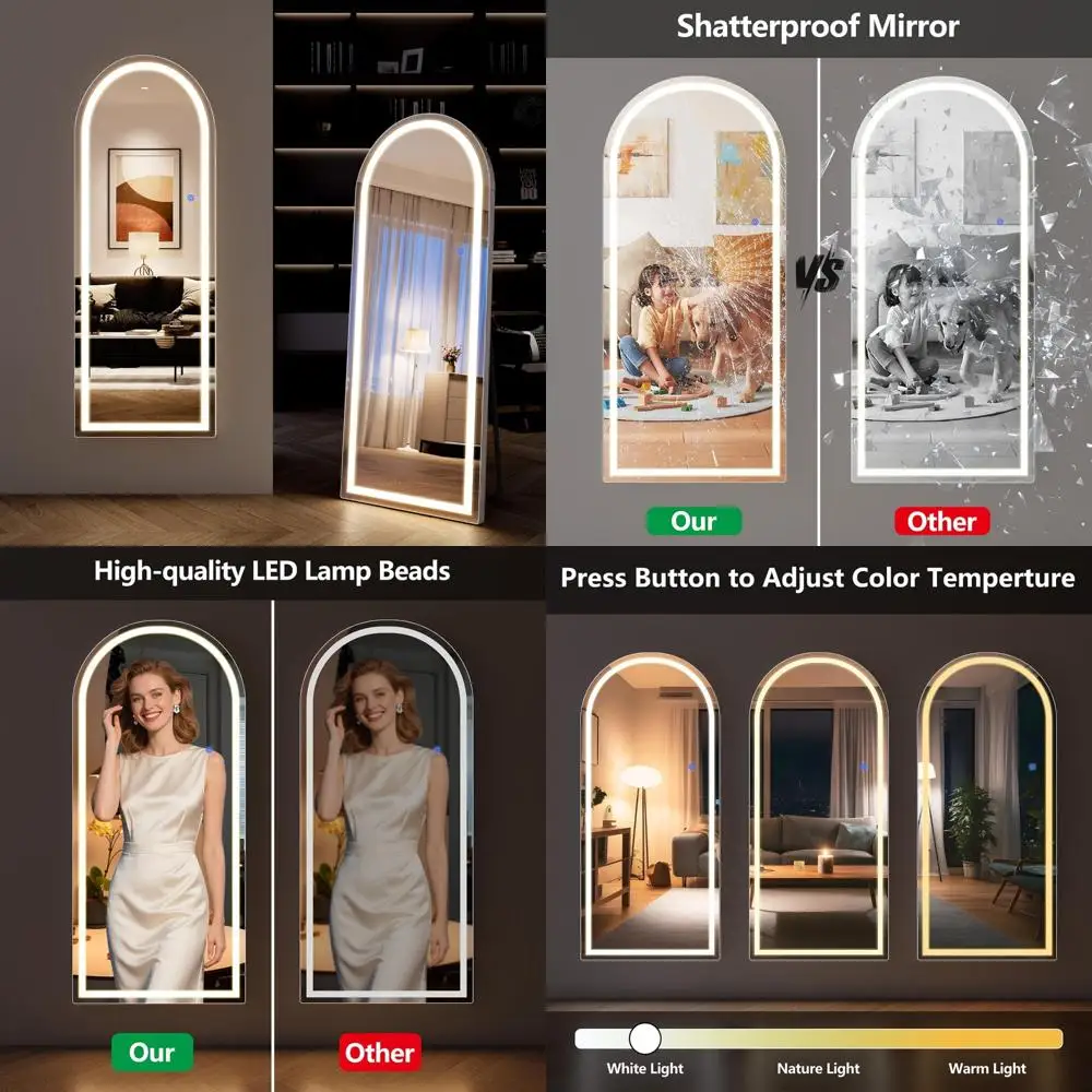 Illuminated Arched 65 x 24 Full-Length Mirror with Adjustable Dimming and Multi-Color Lighting, Shatter Resistant, Versatile for