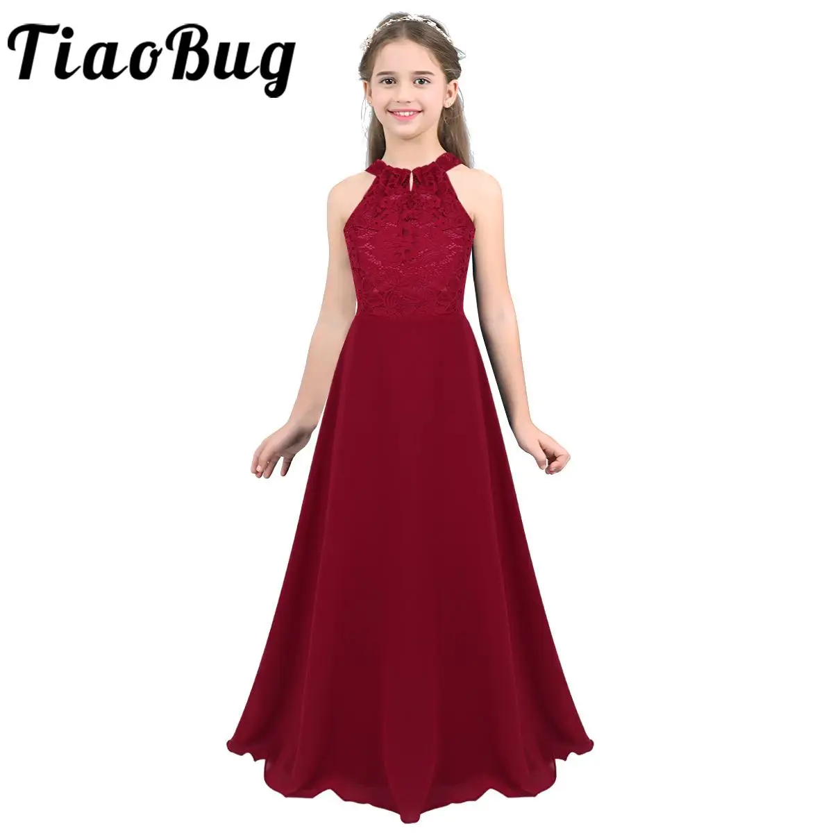 Kids Flower Girls Wedding Bridesmaid Princess Dress Halter Lace Chiffon Maxi Long Dresses Birthday Party Prom Ball Gown Vestidos