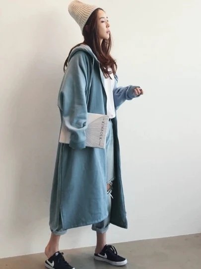 

Женская удлиненная флисовая куртка с капюшоном на осень-зиму, теплая, на молнии, с прямым кроем, с боковыми разрезами, кардиган-топ из хлопка, удобная, свободного кроя