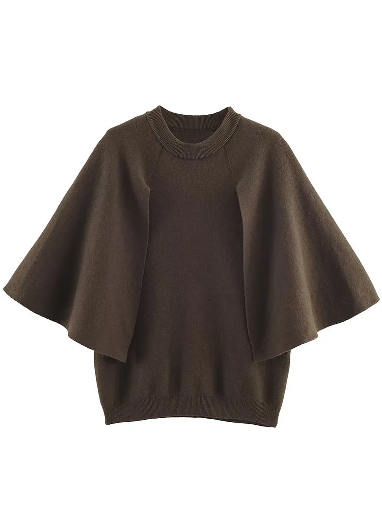

HH Women Autumn Knitted Short Top Design Bat Sleeve Sweater Brown Pullover Top Warm O-neck Loose Women's New Fashion Clothing