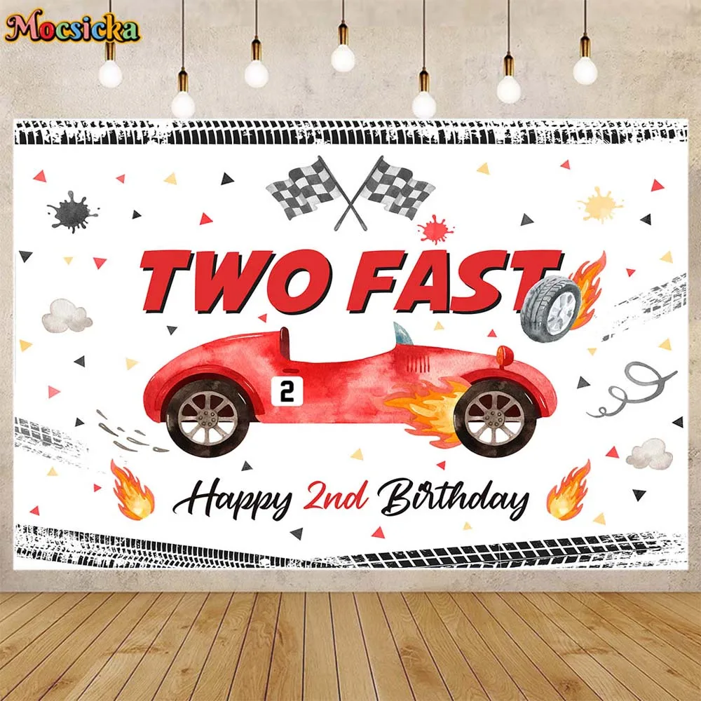 Mocsicka TWO FAST Happy 2nd Birthday Photo Background Red Racing Car Boy Birthday Party Decor Photography Backdrop Custom Banner