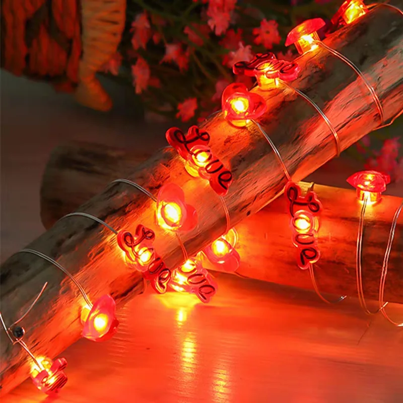 Guirnaldas de luces LED con forma de corazón rojo para el Día de San Valentín, cadena de luces brillantes con amor y corazón, decoración para fiesta de boda y aniversario, adorno para el hogar