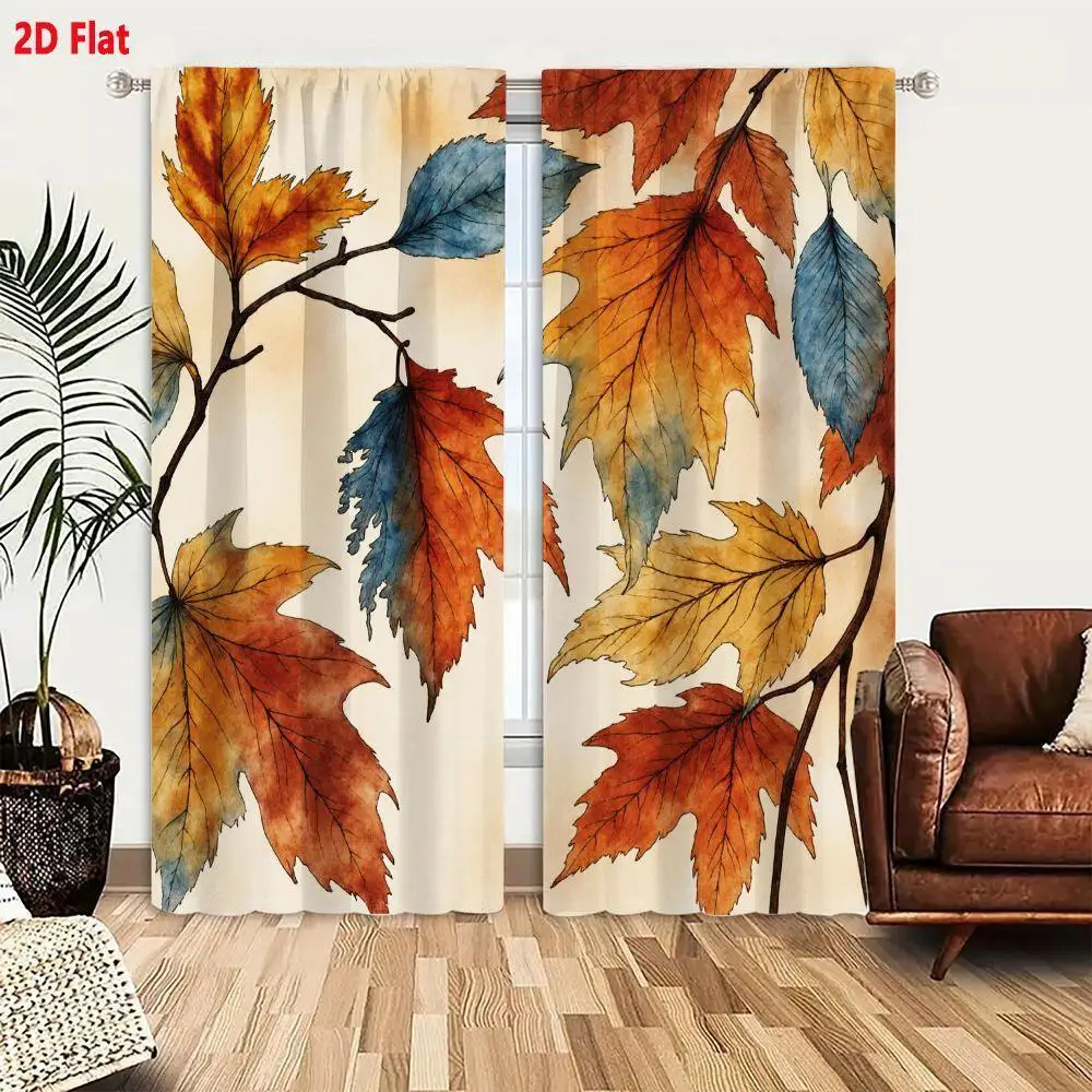 Autumn Fall Leaves Curtain Pair 2pcs Printed Window Drapes Decorative Curtains for Living Room Bedroom Home Seasonal Decor Filte